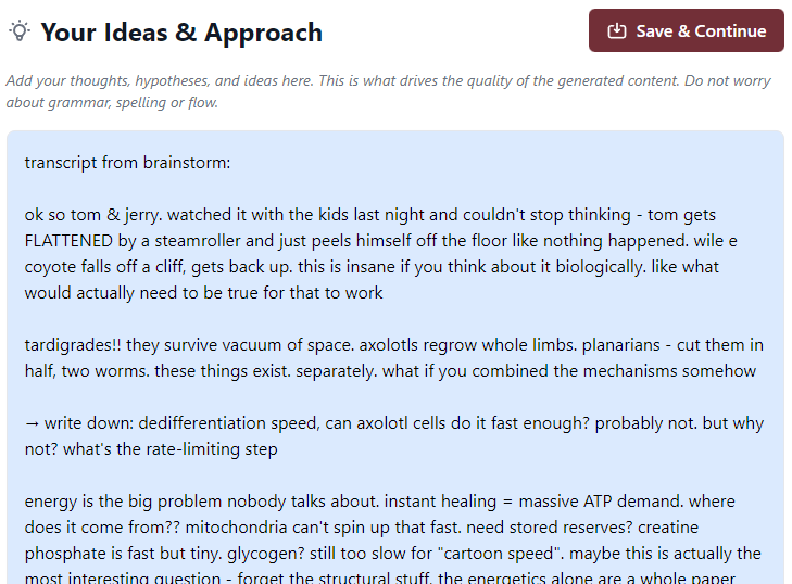 GrantorAI Ideas & Approach showing how rough input is transformed into professional prose